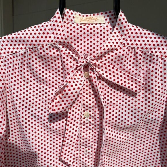 Vintage 1970s Red White Polkadot Pu*sy Bow Shirt Top Blouse, L, Janet Sloane - Picture 6 of 8